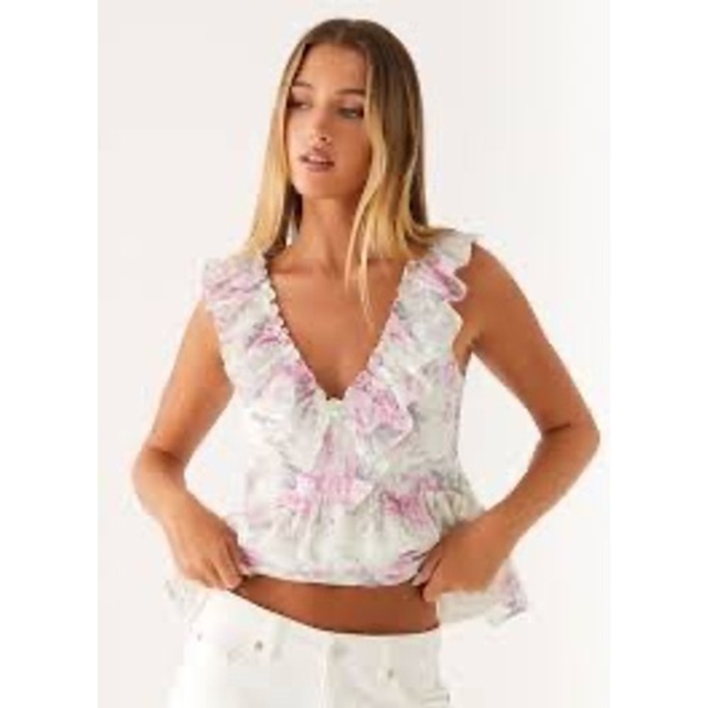 Peppermayo Layne Top Vintage Floral Pink Ruffle Peplum Blouse US 14 NWT